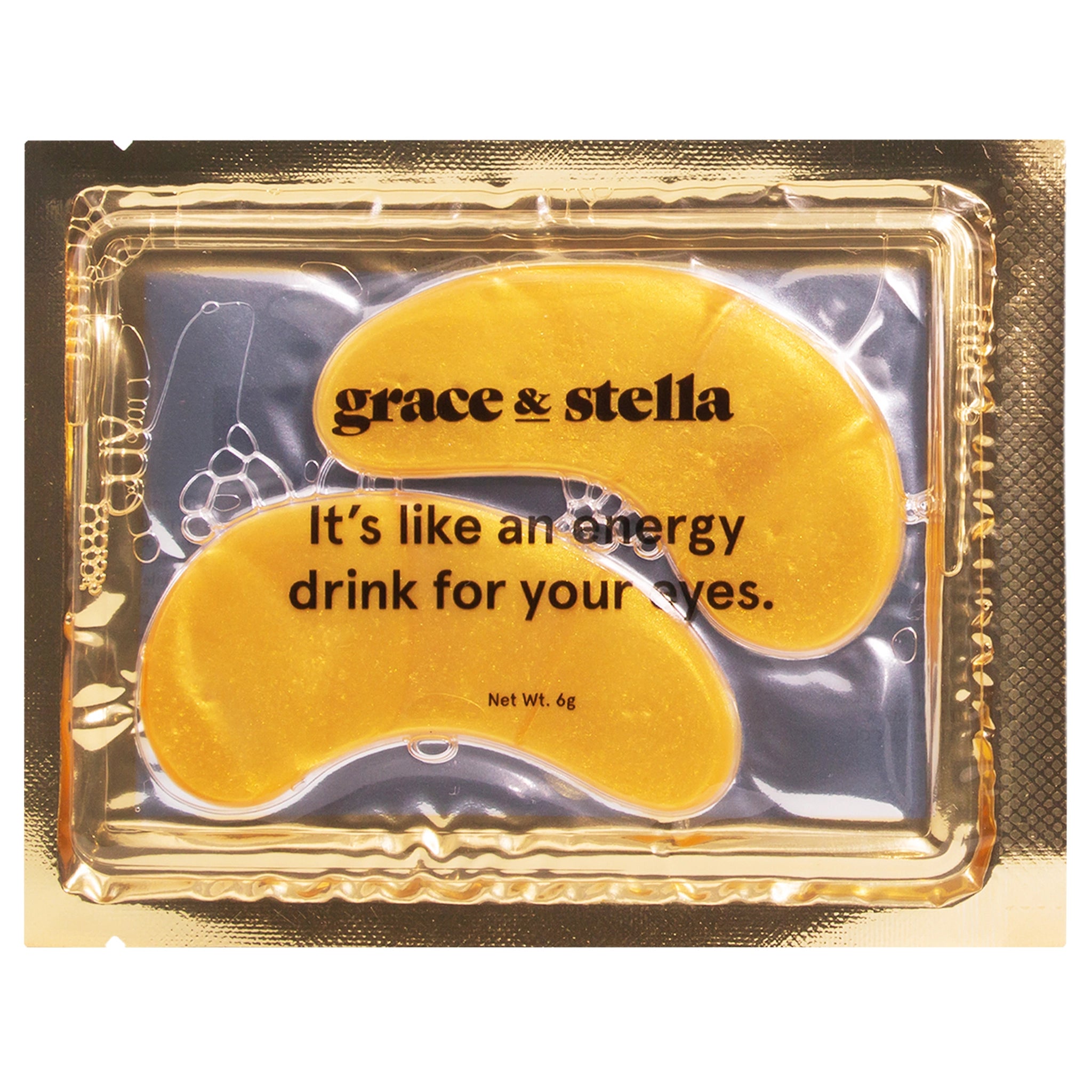 Gold packaging of eye masks with 'grace & stella' branding and text.