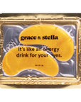 Gold packaging of eye masks with 'grace & stella' branding and text.