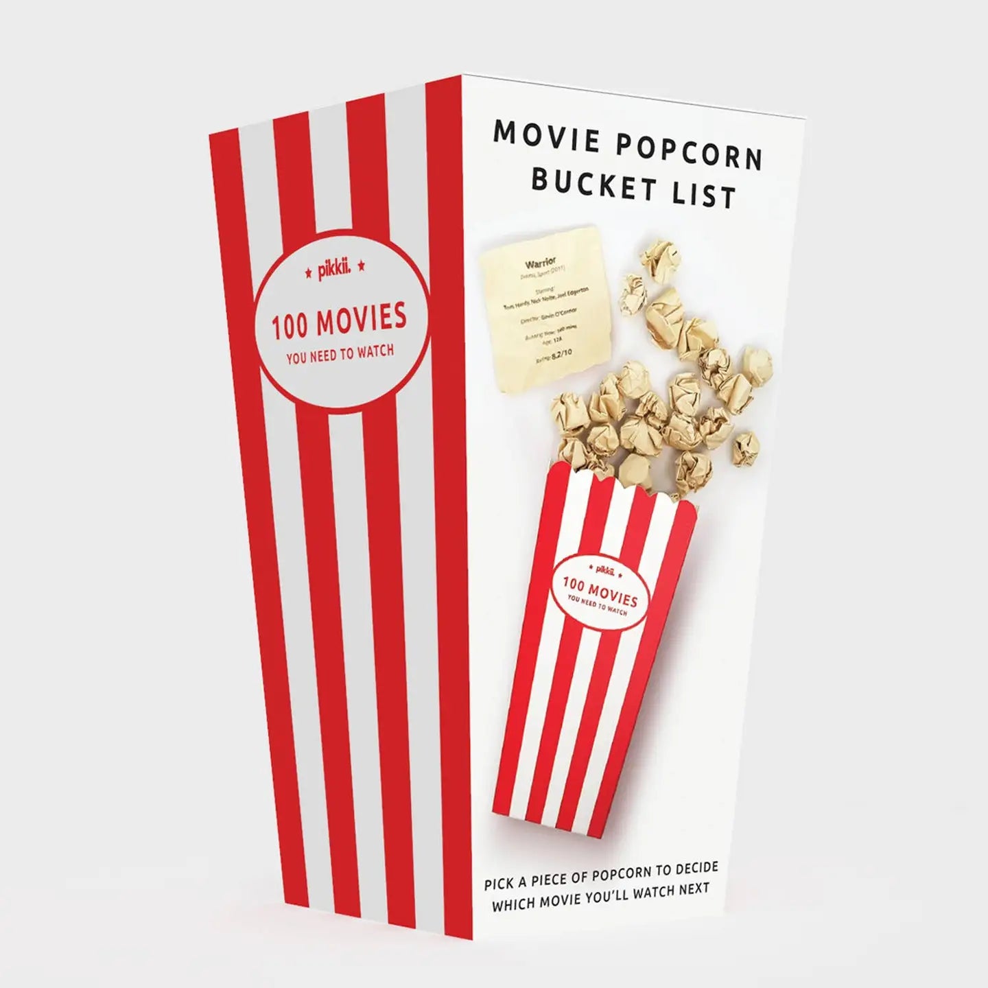 Movie popcorn bucket list with red and white striped design on a white background