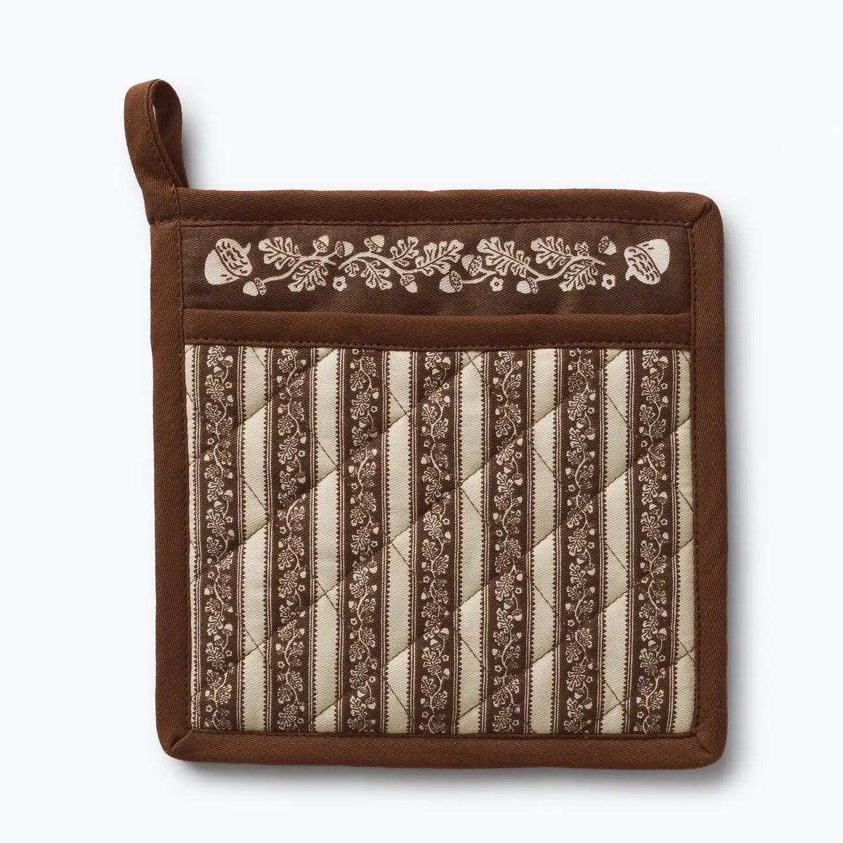 A square brown quilted pot holder with a top loop, featuring vertical striped panels in brown and cream with floral embroidery across the top border, shown on a light gray background.