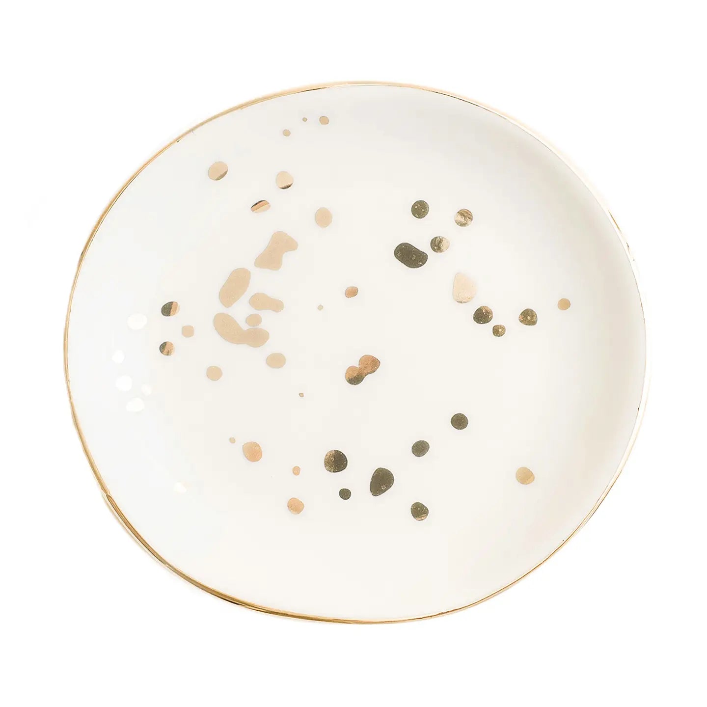 White ceramic plate with gold and bronze speckles on a white background