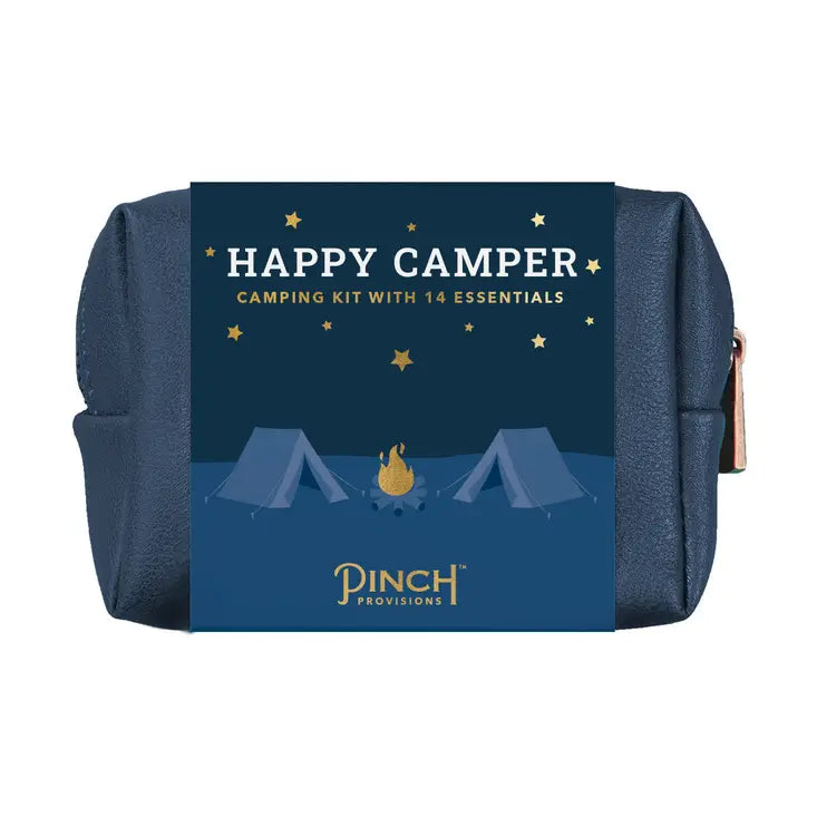 Camping kit packaging with 'Happy Camper' text and Pinch Provisions logo on a blue background