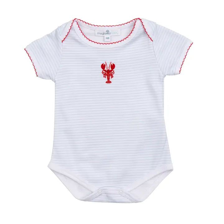 blue baby bodysuit with a red lobster on a white background