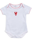 blue baby bodysuit with a red lobster on a white background