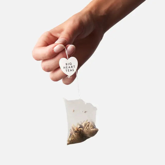 Hand holding a clear tea bag with visible herbs against a white background
