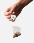 Hand holding a clear tea bag with visible herbs against a white background
