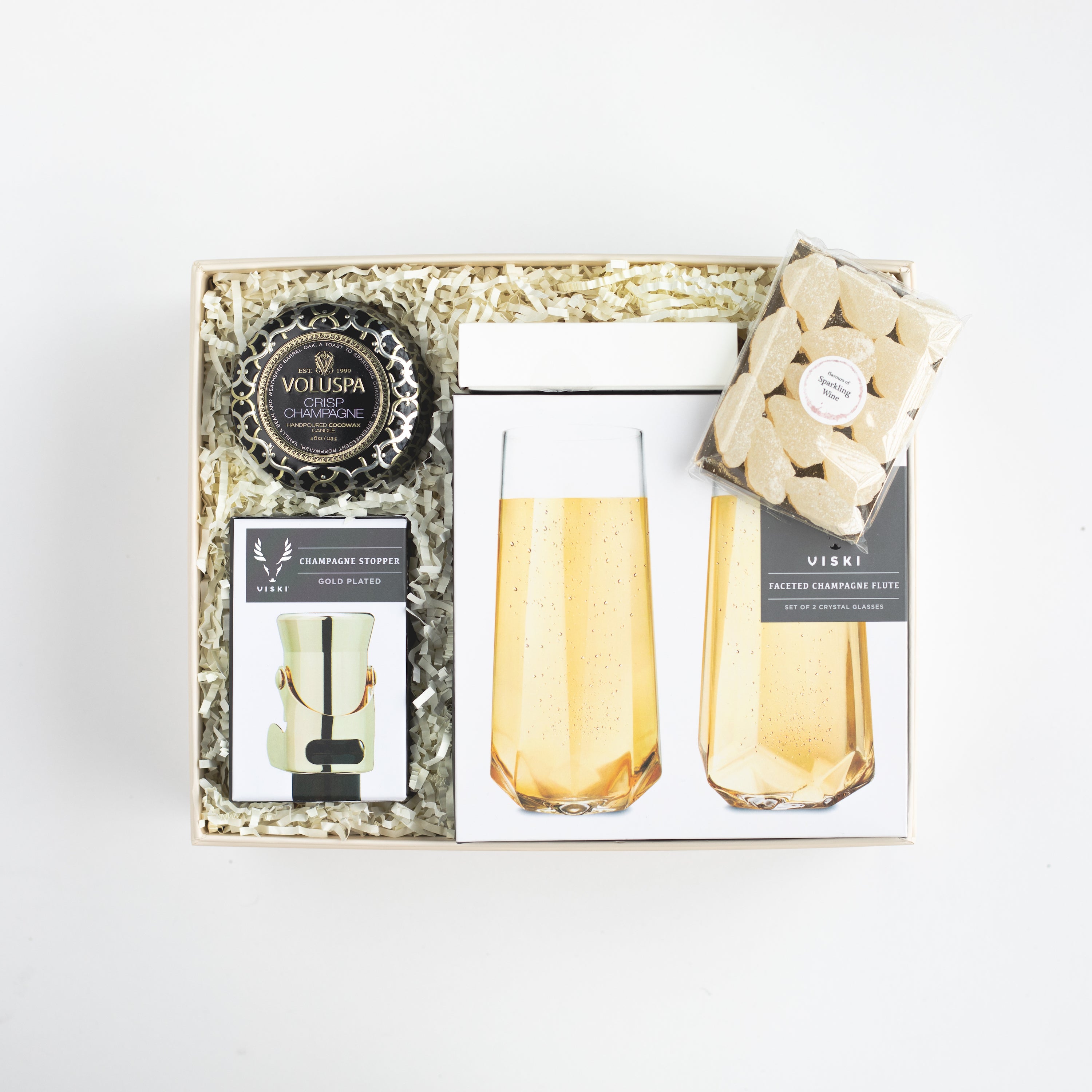 BOXFOX Pop Fizz Clink Gift Box packed in ivory crinkle.