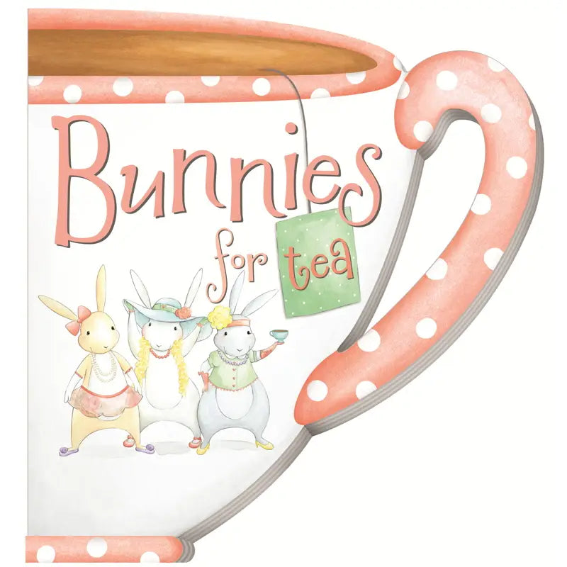 Tea bag with cartoon bunnies and 'Bunnies for tea' text on a white background