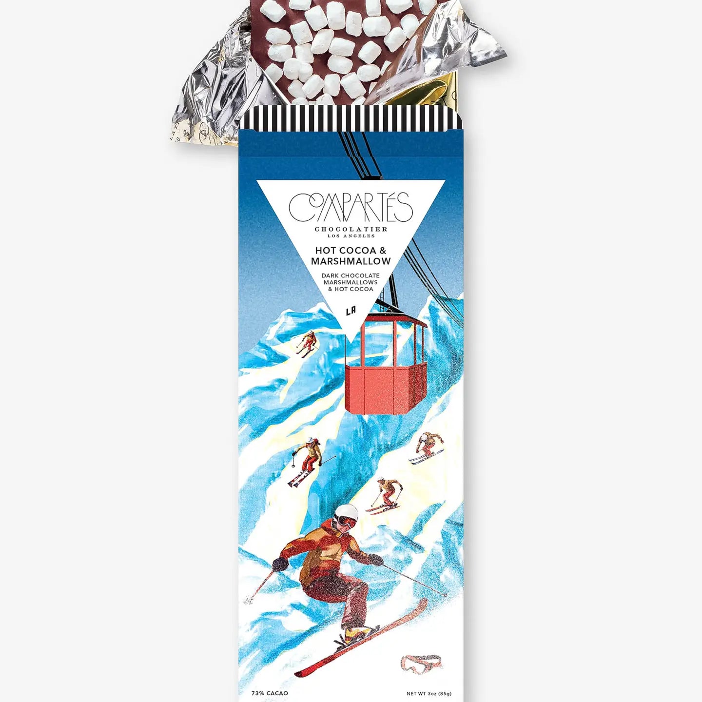 chocolate bar with people sking down a mountain on the packaging