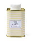 A metal tin of McEvoy Ranch Lemon Olive Oil with a white screw cap, featuring a white label with black text and a yellow and white horizontal stripe pattern, set against a plain white background.