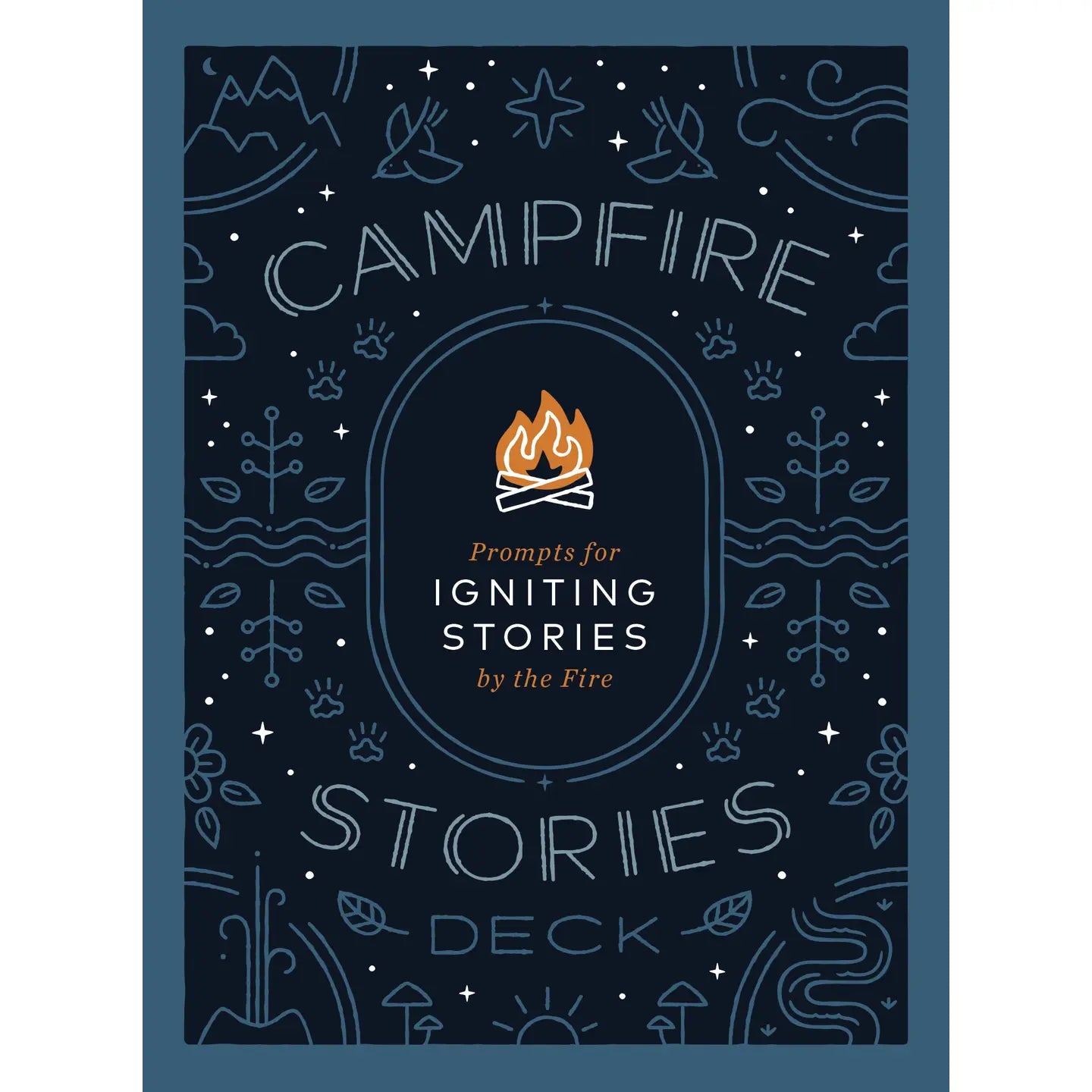 Book cover of 'Campfire Stories Deck' with a campfire illustration on a dark blue background.