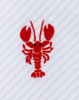 red lobster embroidery on a blue and white striped background