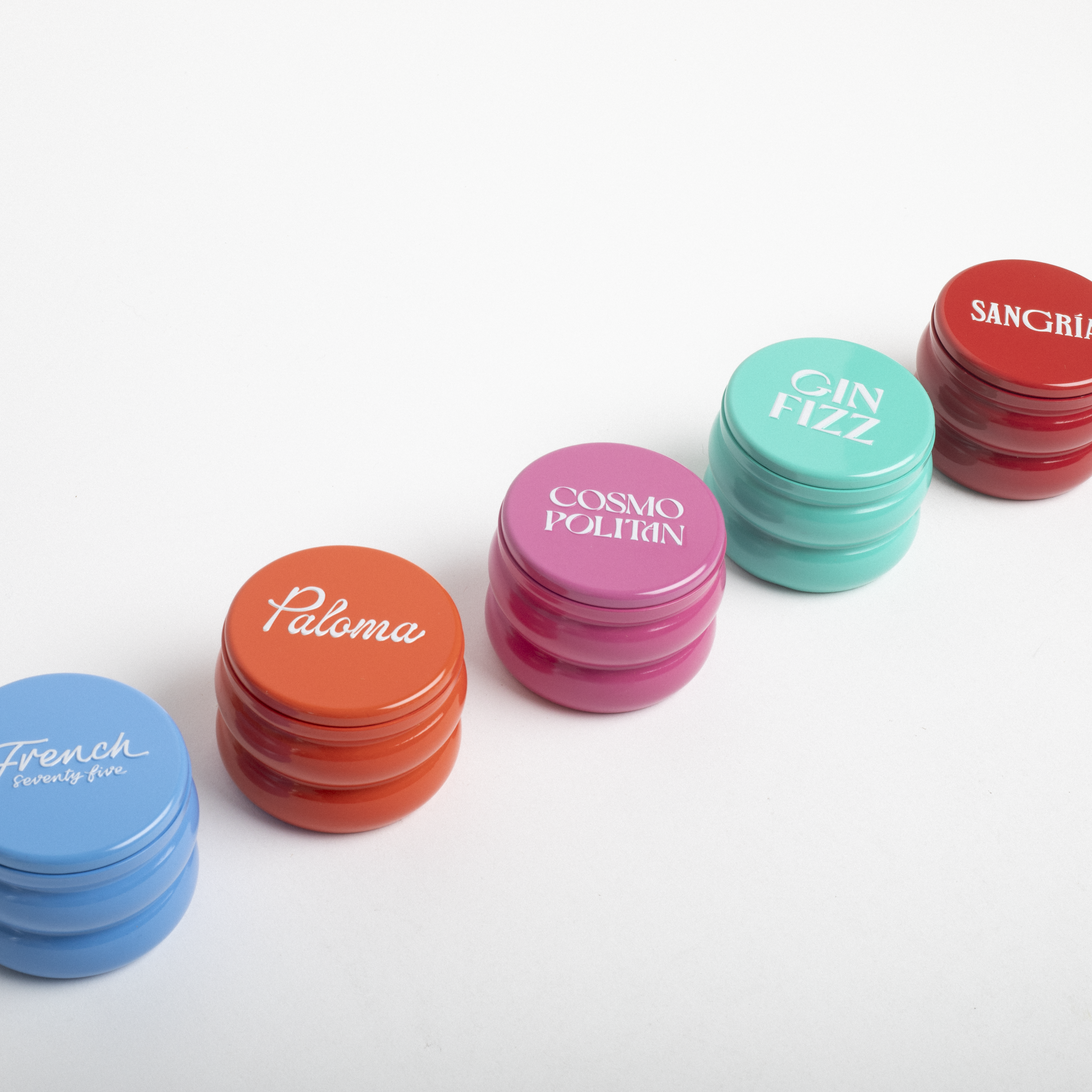 Set of colorful containers with text labels on a white background