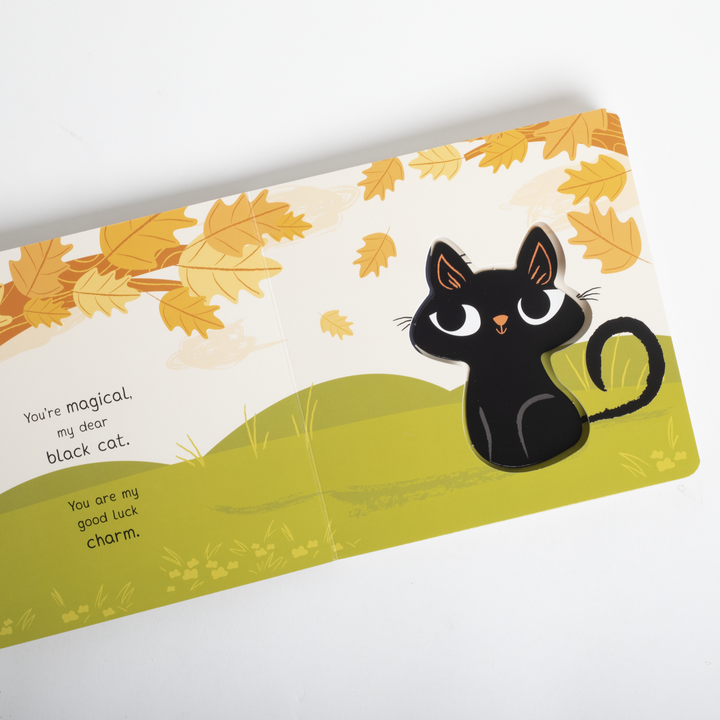 Illustration of a black cat on a leaf-patterned background with text.