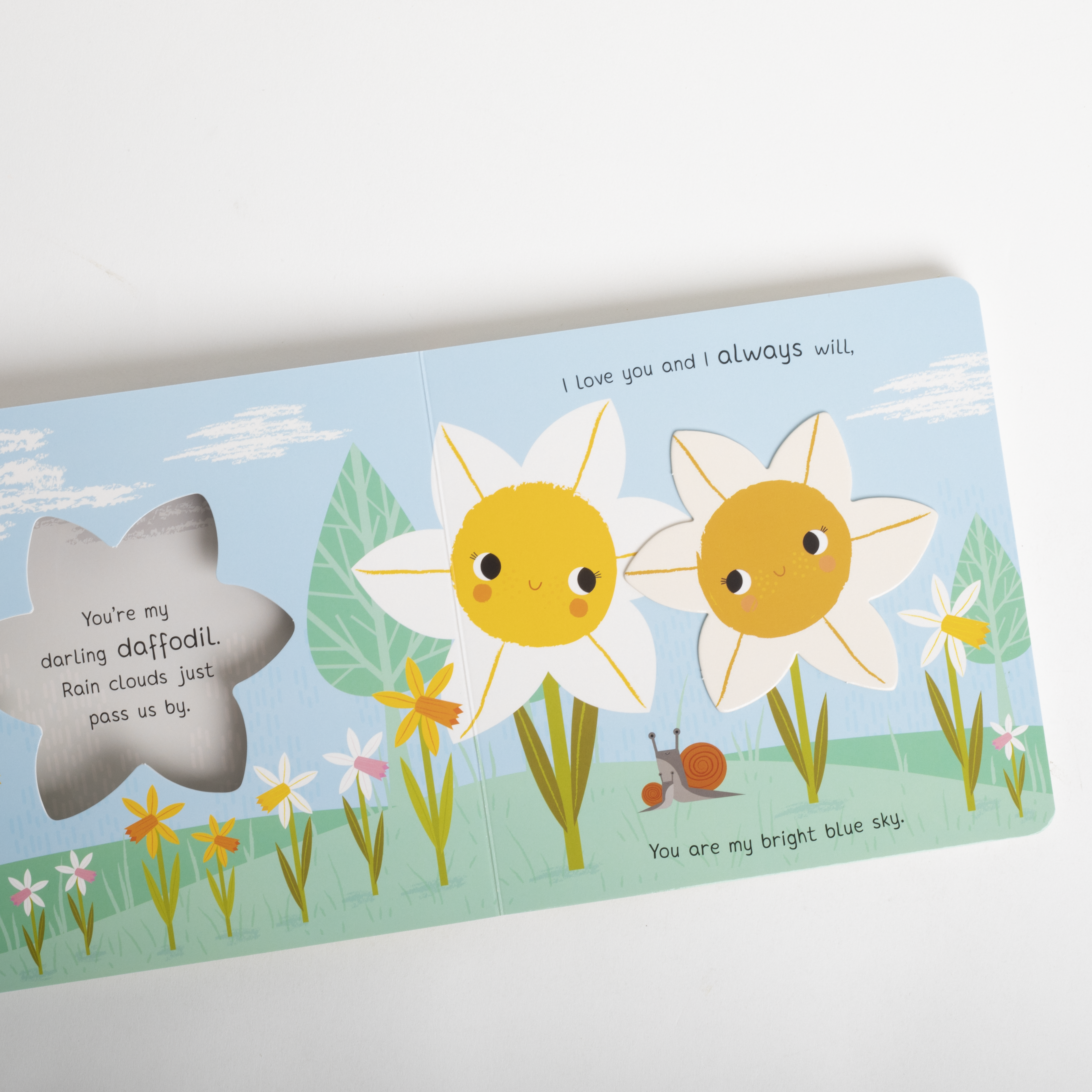 Children's book with daffodil illustrations and text on a light blue background