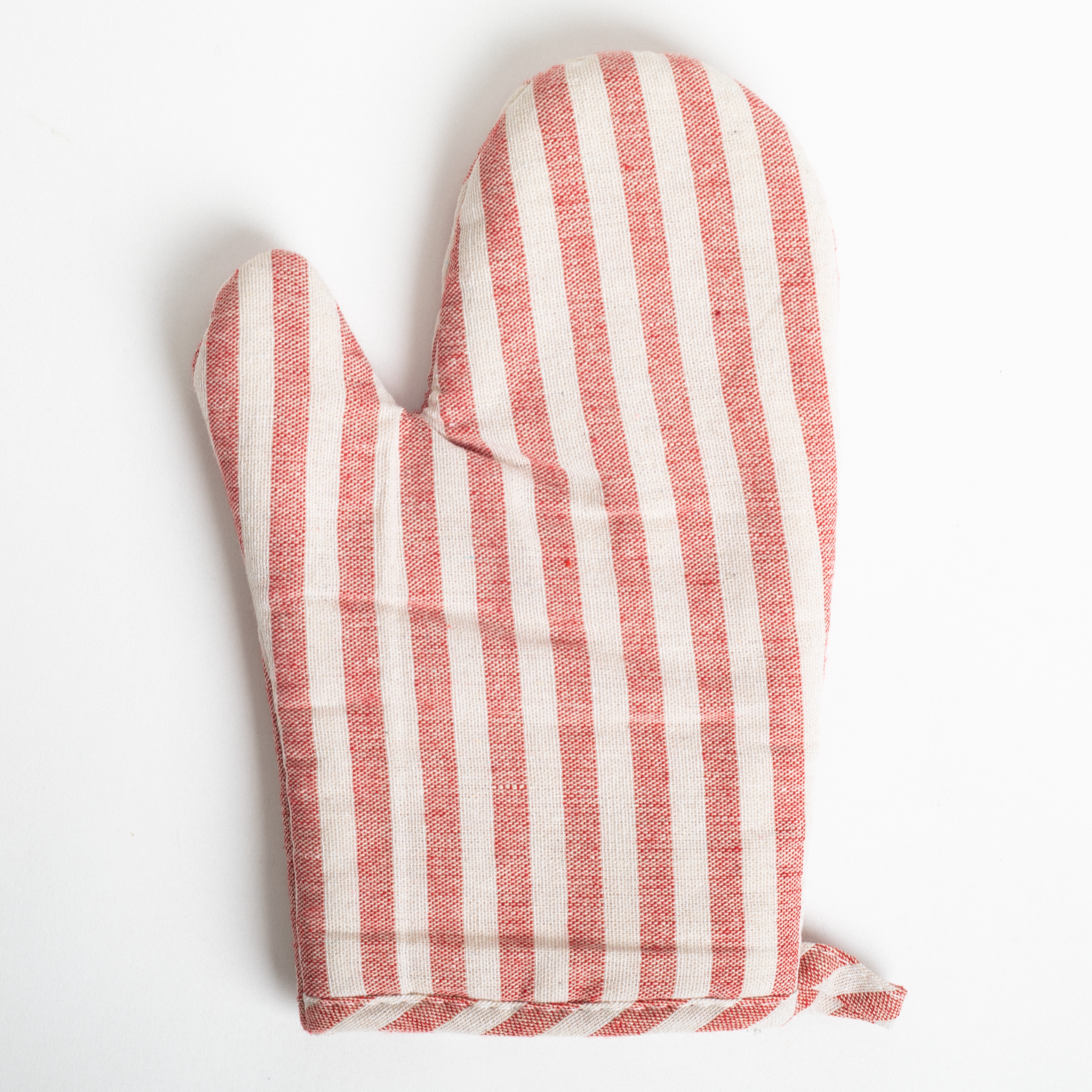 Red and white striped oven mitt on a light gray background