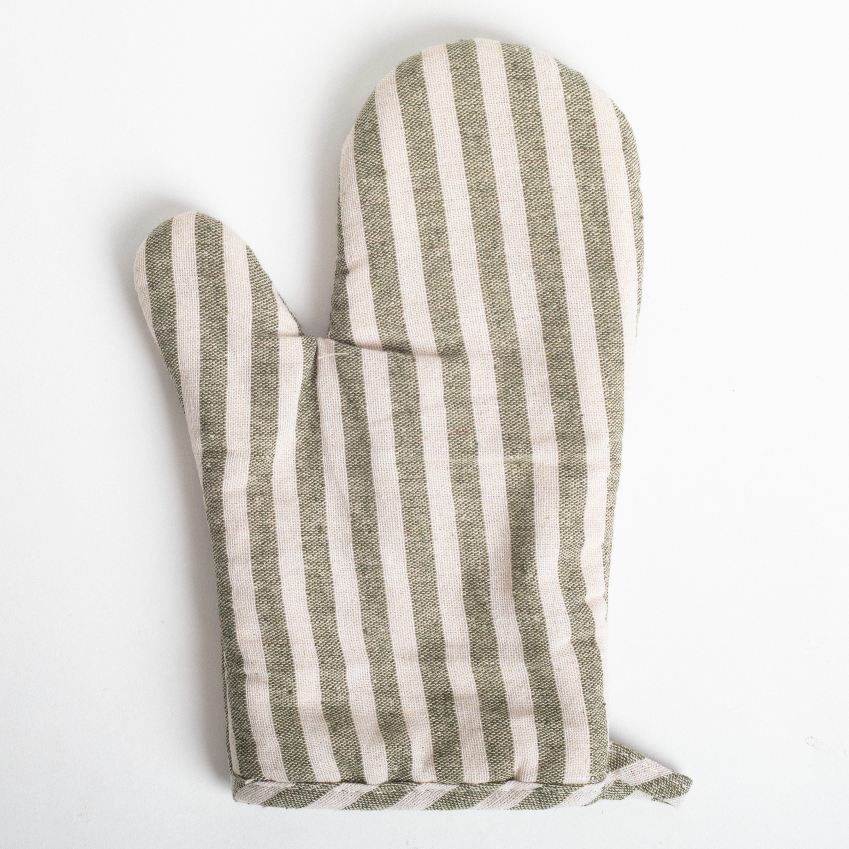 Striped oven mitt with green and white stripes on a light gray background
