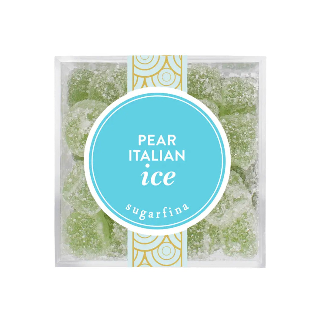 Pack of pear Italian ice with 'sugarfina' branding on a white background
