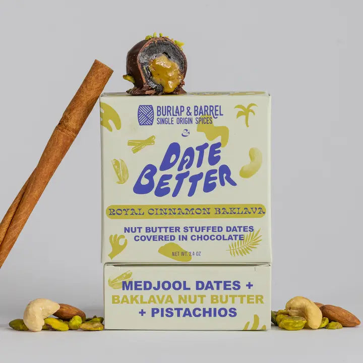 Box of 'Date Better' with ingredients and branding visible on a gray background