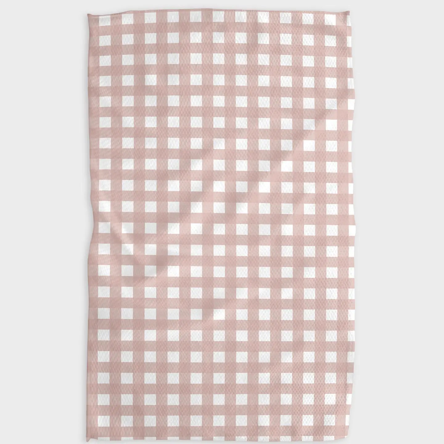 Checkered fabric with pink and white squares on a light gray background