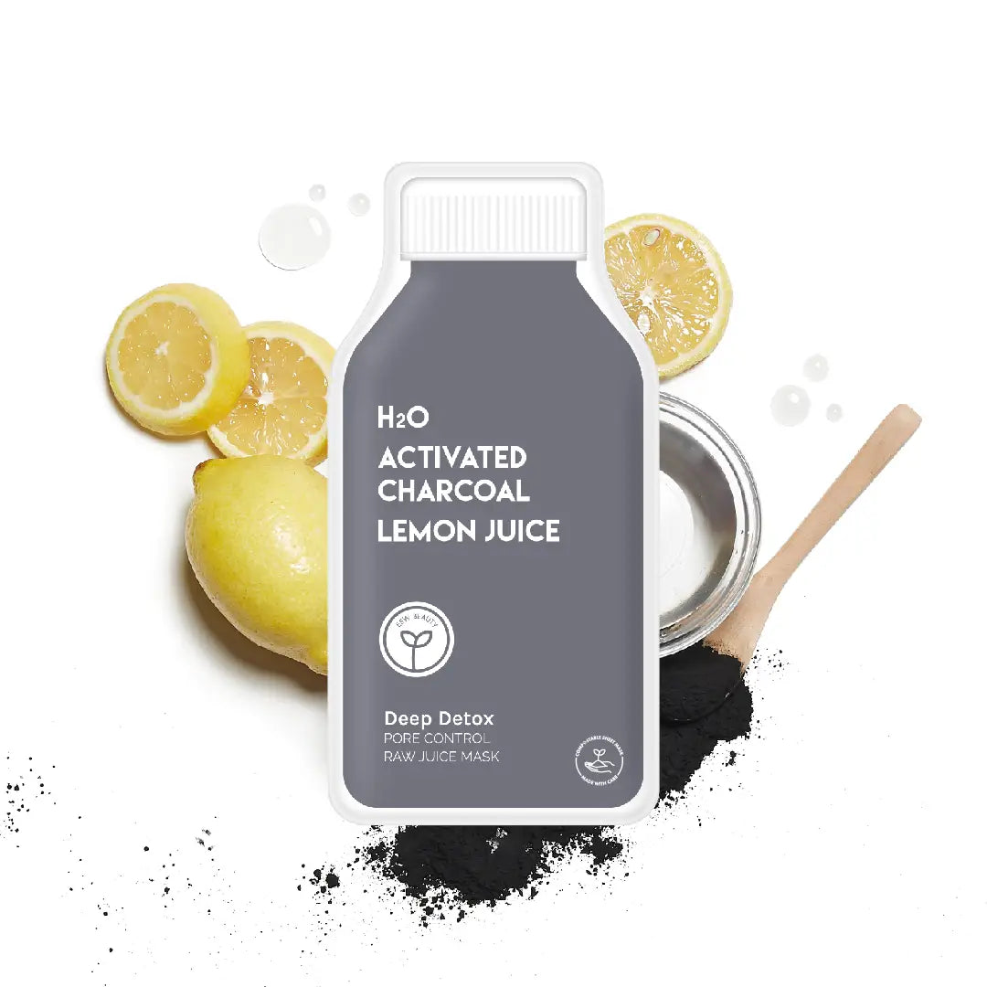 H2O Activated Charcoal Lemon Juice face mask with lemons and a wooden spoon on a white background