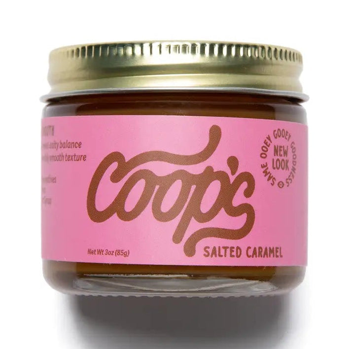 Jar of Coop's salted caramel on a white background
