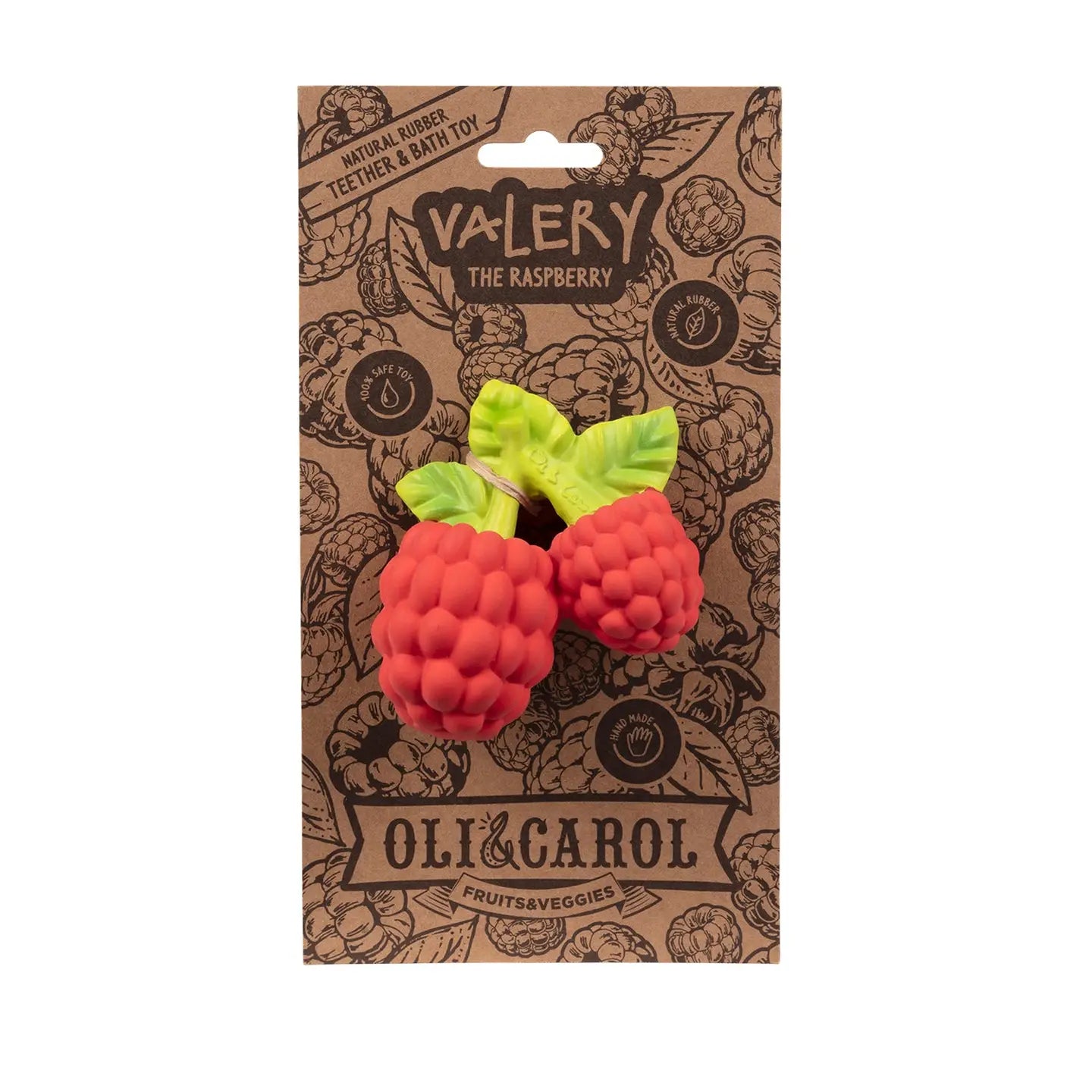 Valery the Raspberry toy by Oli &amp; Carol on a brown packaging background