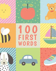 Children's book cover with illustrations of a sun, apple, bear, bee, sailboat, dog, car, and shoe, with '100 First Words' text.