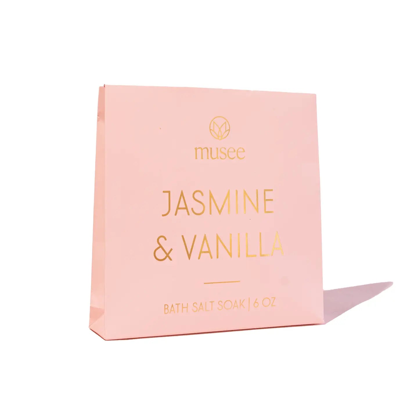 Pink packaging of Musee Jasmine & Vanilla bath salt soap on a white background