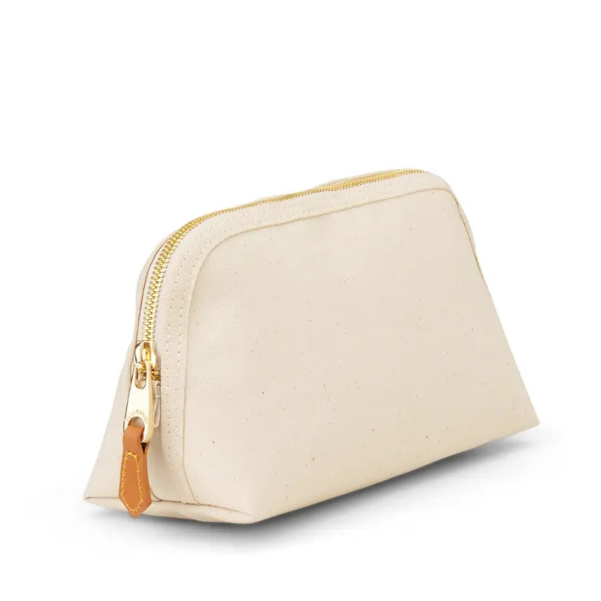 Beige cosmetic bag with a gold zipper on a white background