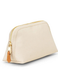 Beige cosmetic bag with a gold zipper on a white background