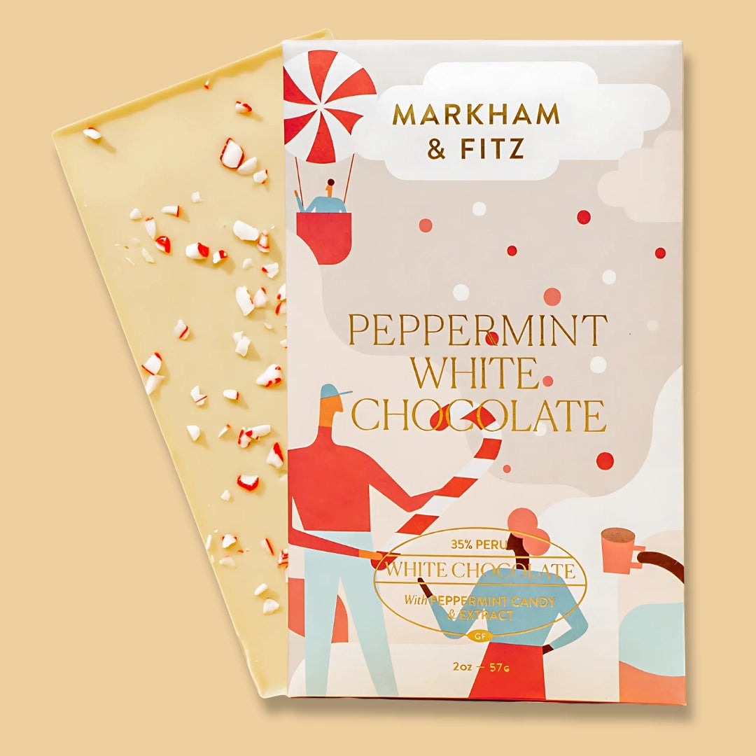 Markham & Fitz peppermint white chocolate packaging on a beige background