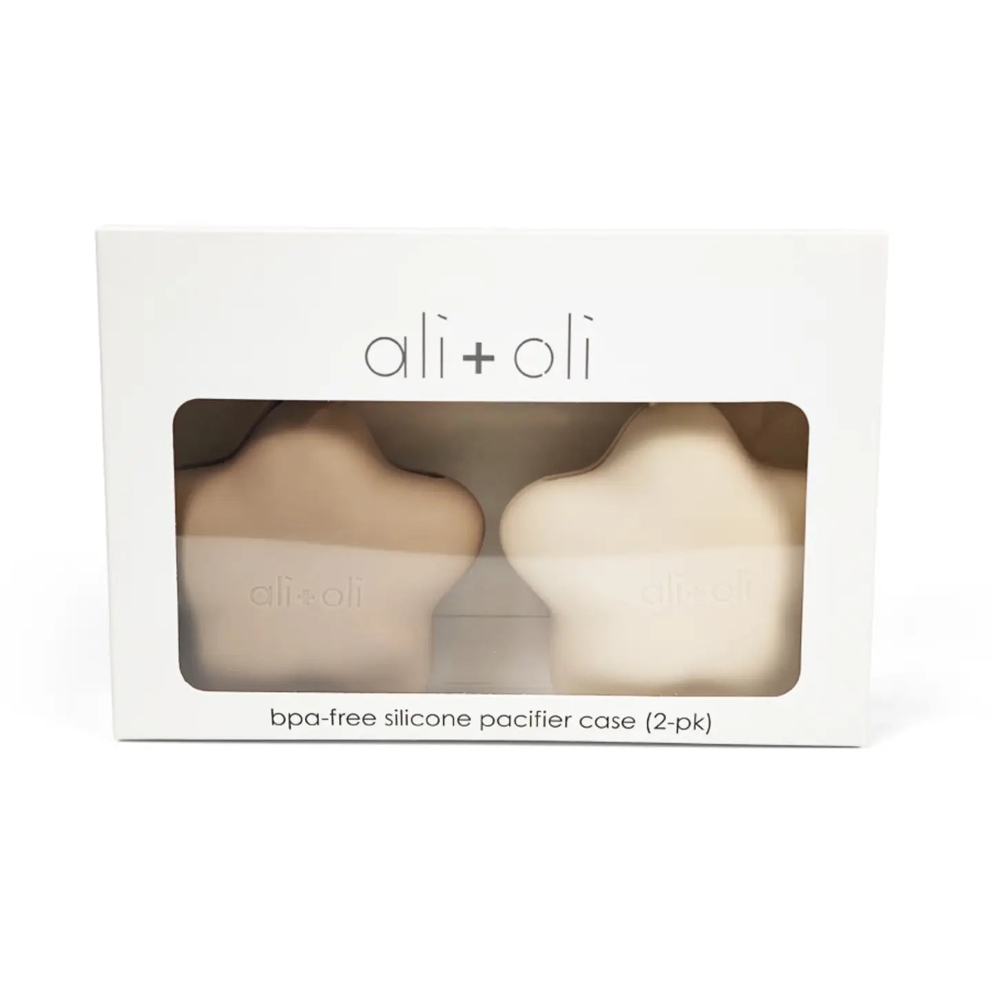 ali+oli bpa-free silicone pacifier case packaging with two pacifiers inside on a white background