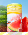 Canister of California Gummy Bears with watermelon slices and a watermelon in the background