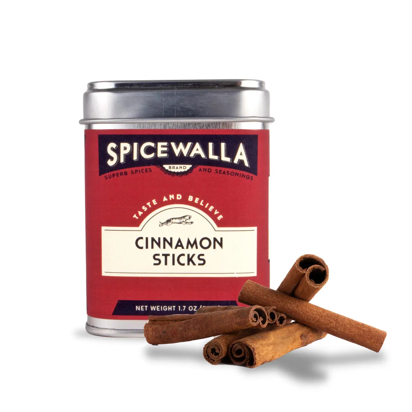 Spicewalla cinnamon sticks canister with cinnamon sticks on a white background