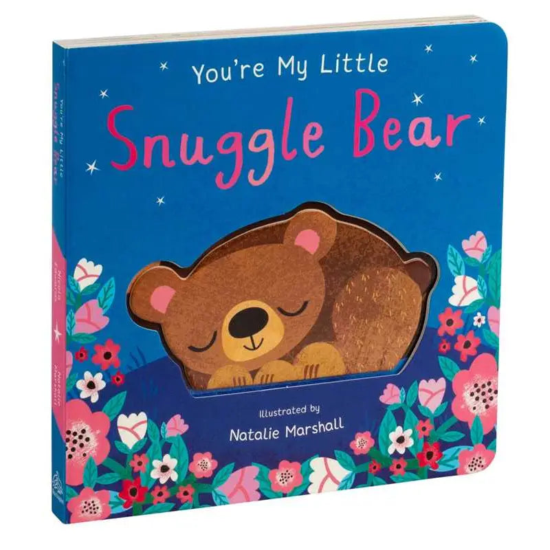 Children's book titled 'You're My Little Snuggle Bear' with a bear illustration on a blue background.