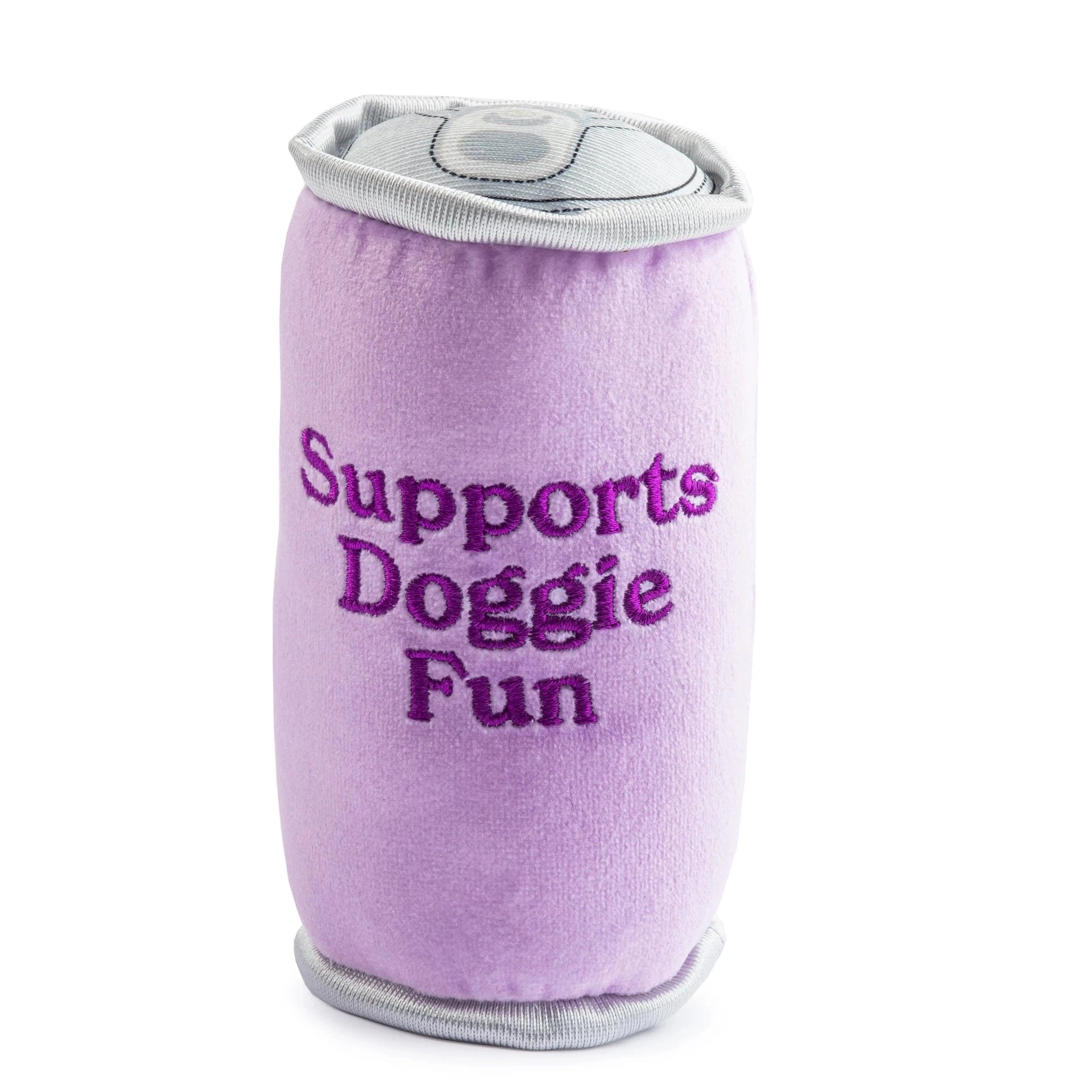 purple can shaped dog toy