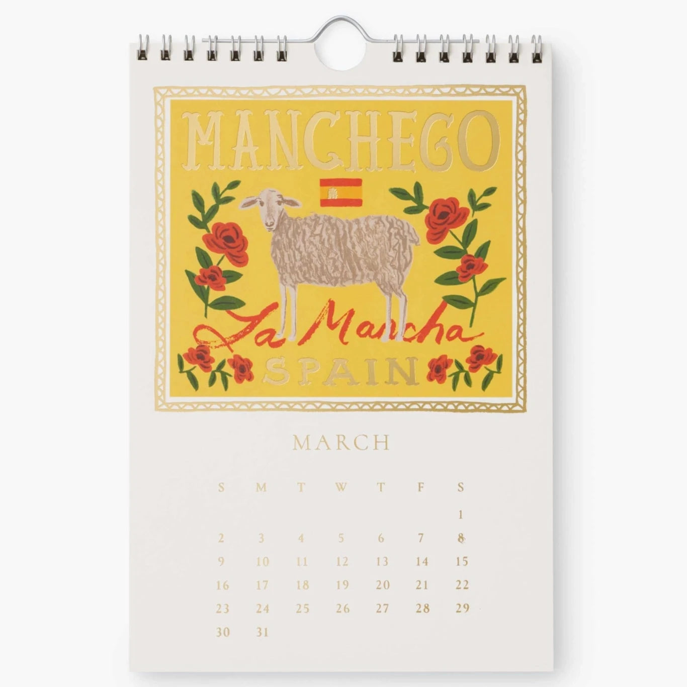 March page of the 2025 Cheese Calendar featuring Manchego cheese from La Mancha, Spain. The illustration includes a sheep surrounded by roses with vibrant yellow and red tones.