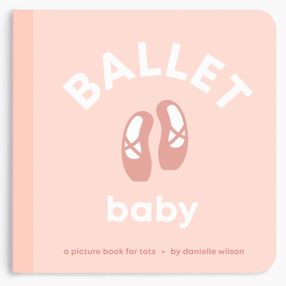 Book titled 'Ballet Baby' with ballet shoes illustration on a pink background
