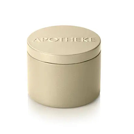 A small cylindrical metal tin with a matching lid, featuring the brand name 'APOTHEKE' embossed on the lid, set against a solid white background.
