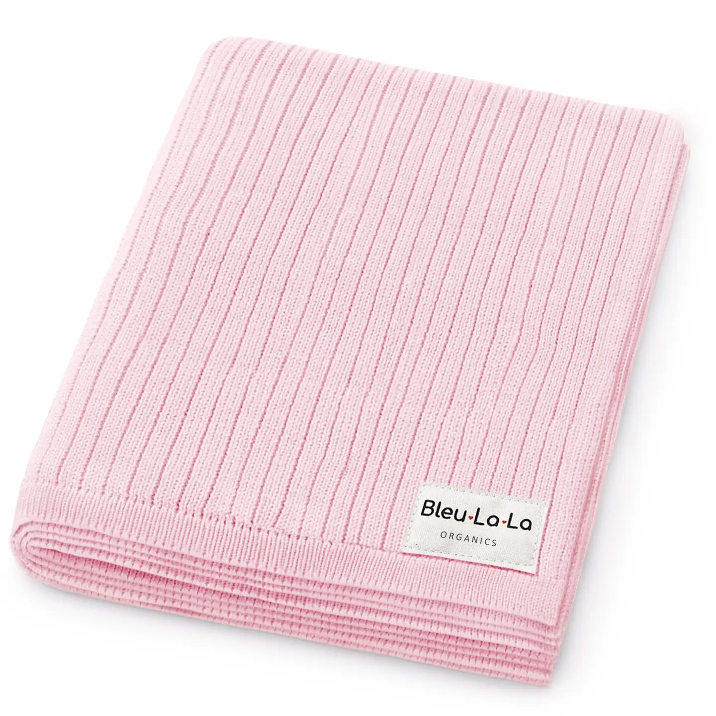 Pink ribbed blanket with Bleu-La-La label on a white background