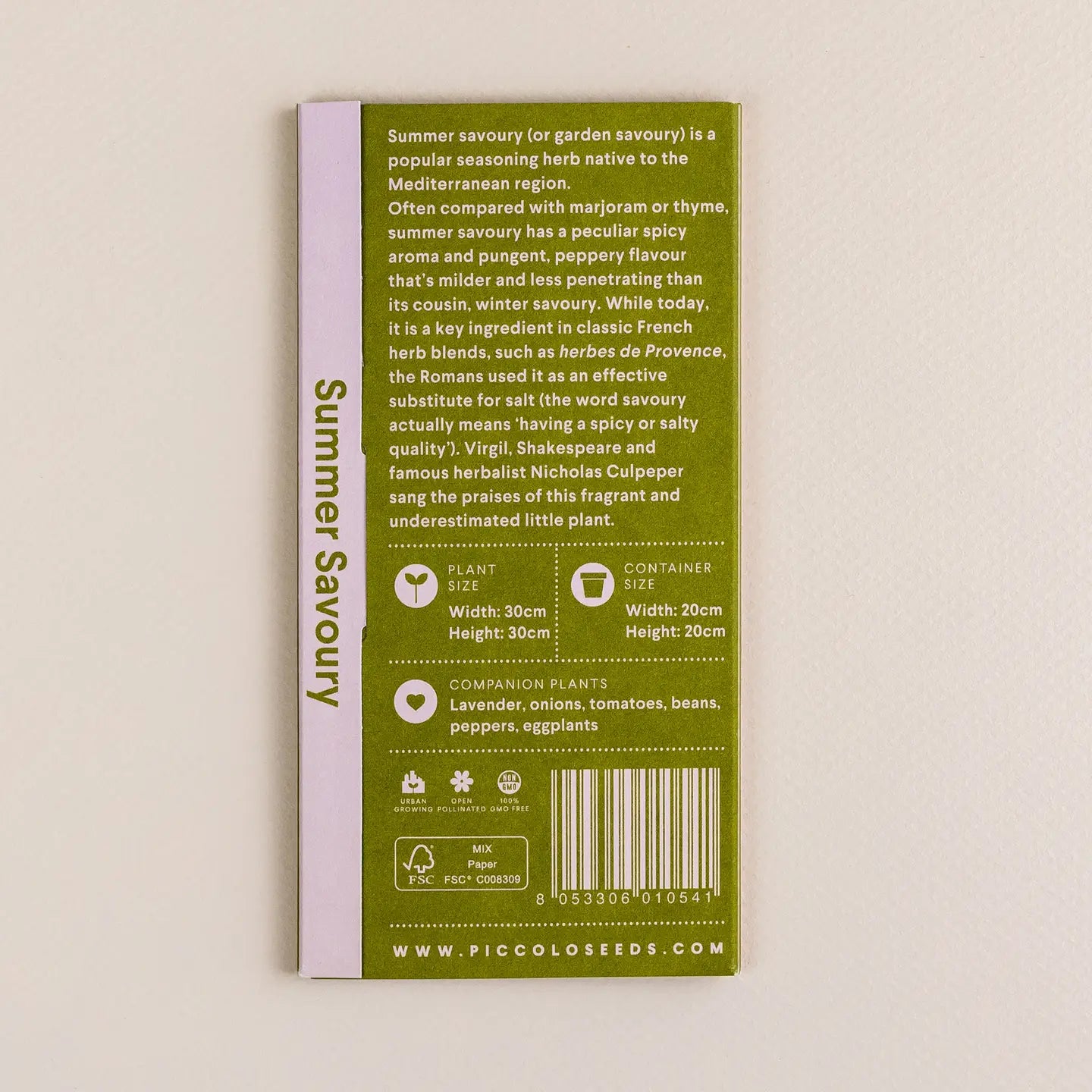 Seeds packet for summer savory on a beige background