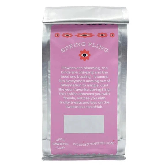 back of coffee bag with pink box filled with white text