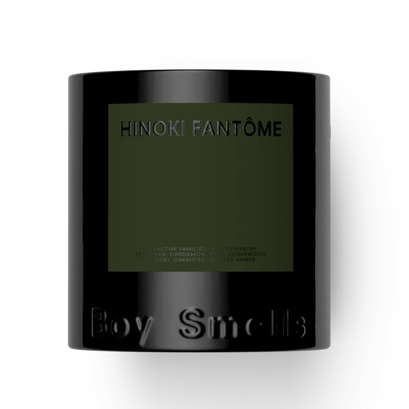 Black candle container with 'Hinoki Fantème' and 'Boy Smells' text on a white background