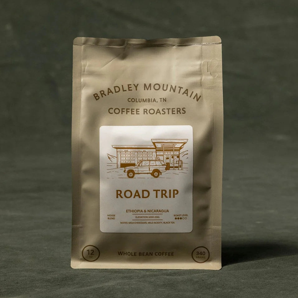 Coffee package from Bradley Mountain Coffee Roasters on a dark background