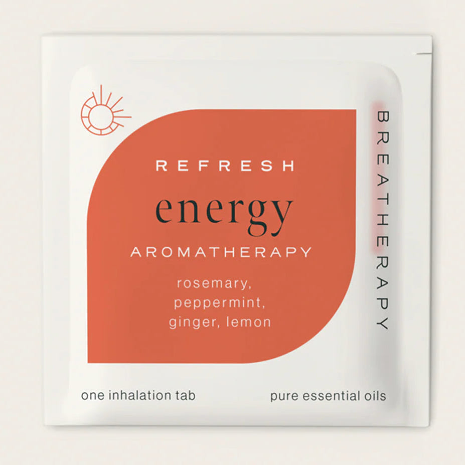 Aromatherapy inhalation tab packaging with 'Refresh Energy' text on a white background