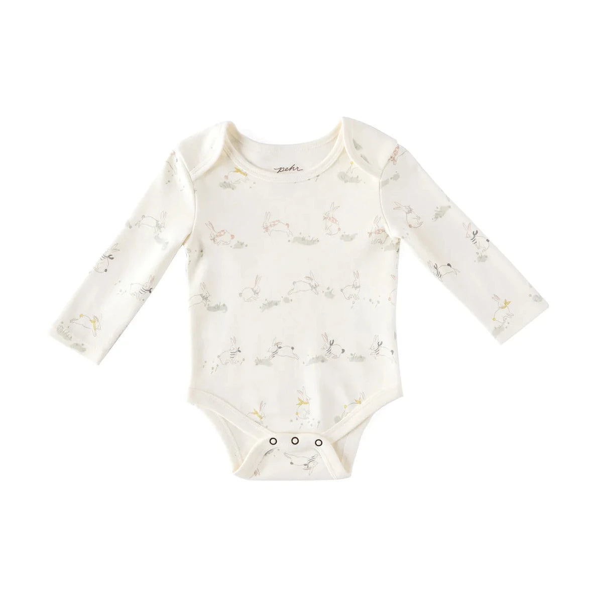 long sleeve one piece with bunnies printed all over it