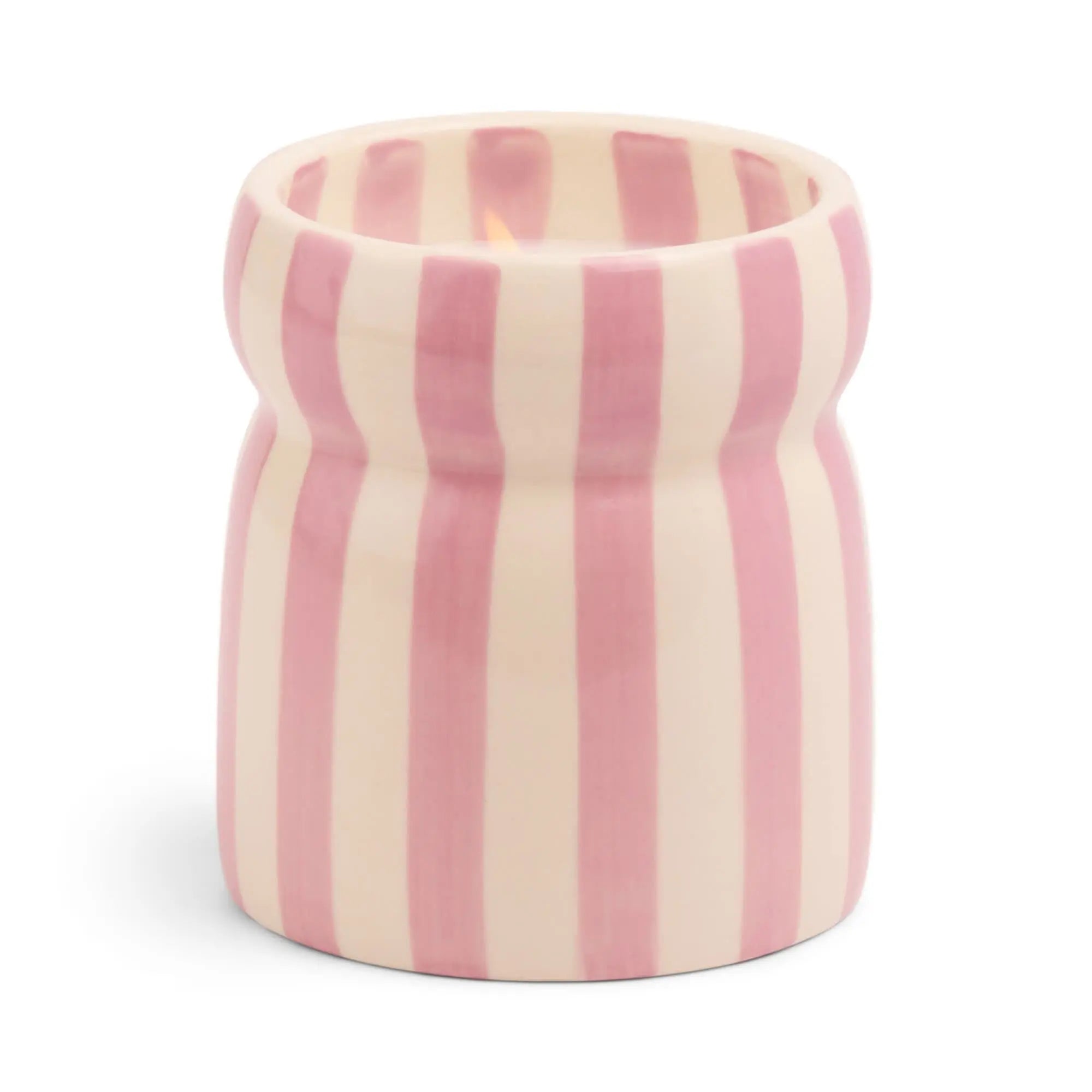 Cylindrical ceramic vase with pink and white vertical stripes on a white background