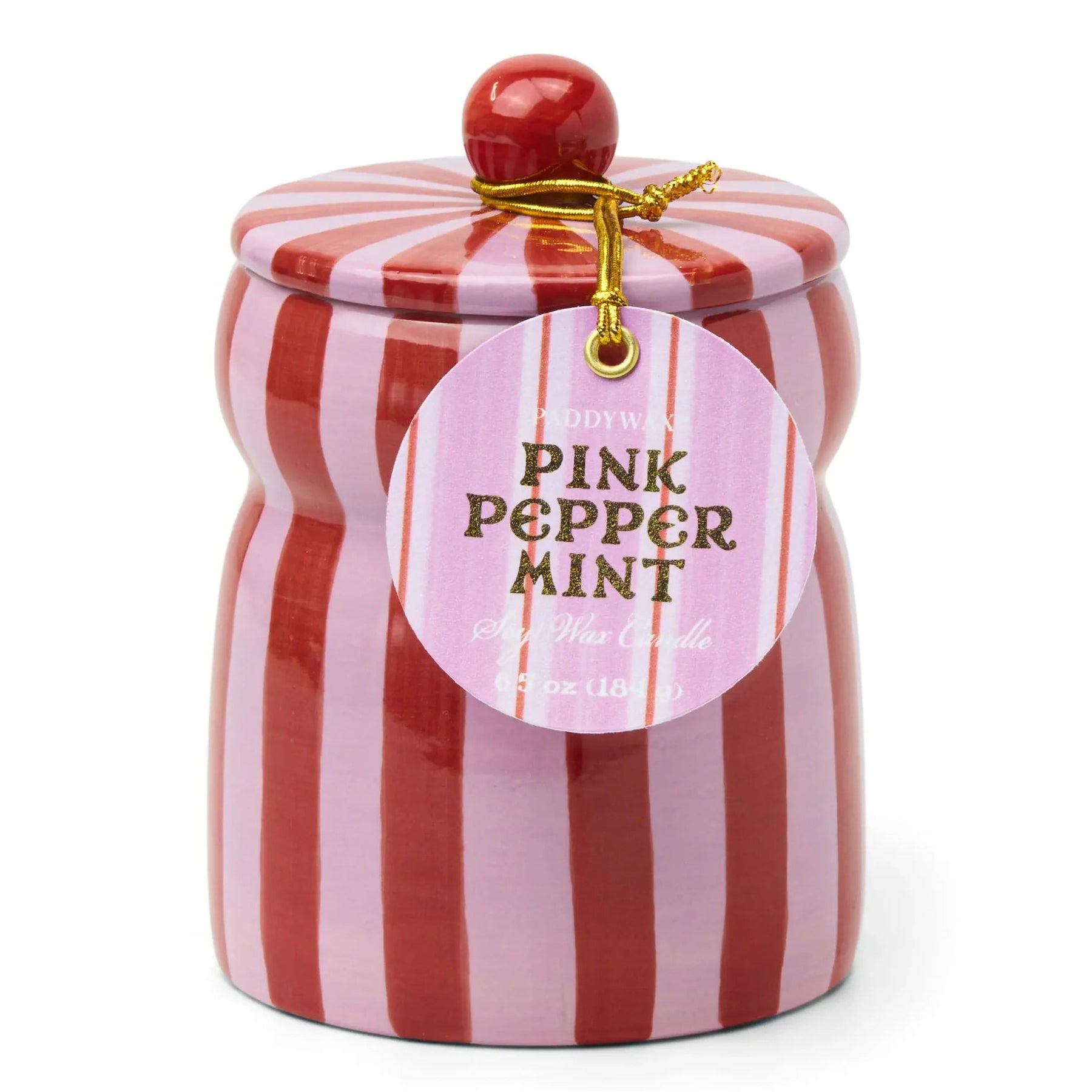 red and pink striped candle with a pink peppermint tag on 