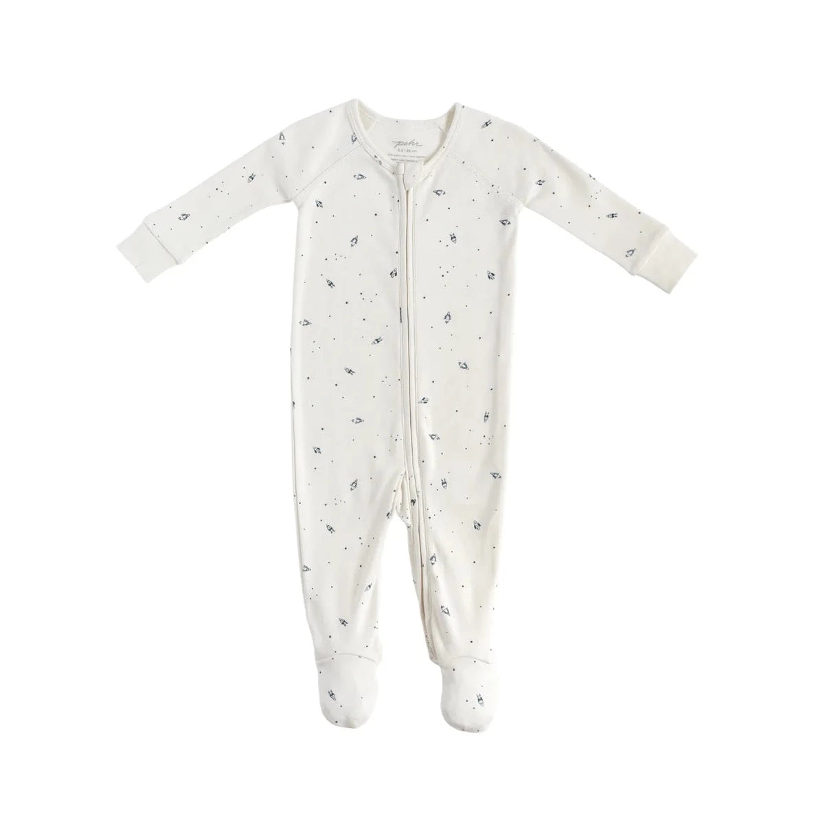 white footsie pajama slipper with tiny blue rockets and stars printed all over it. has a zipper running through the middle
